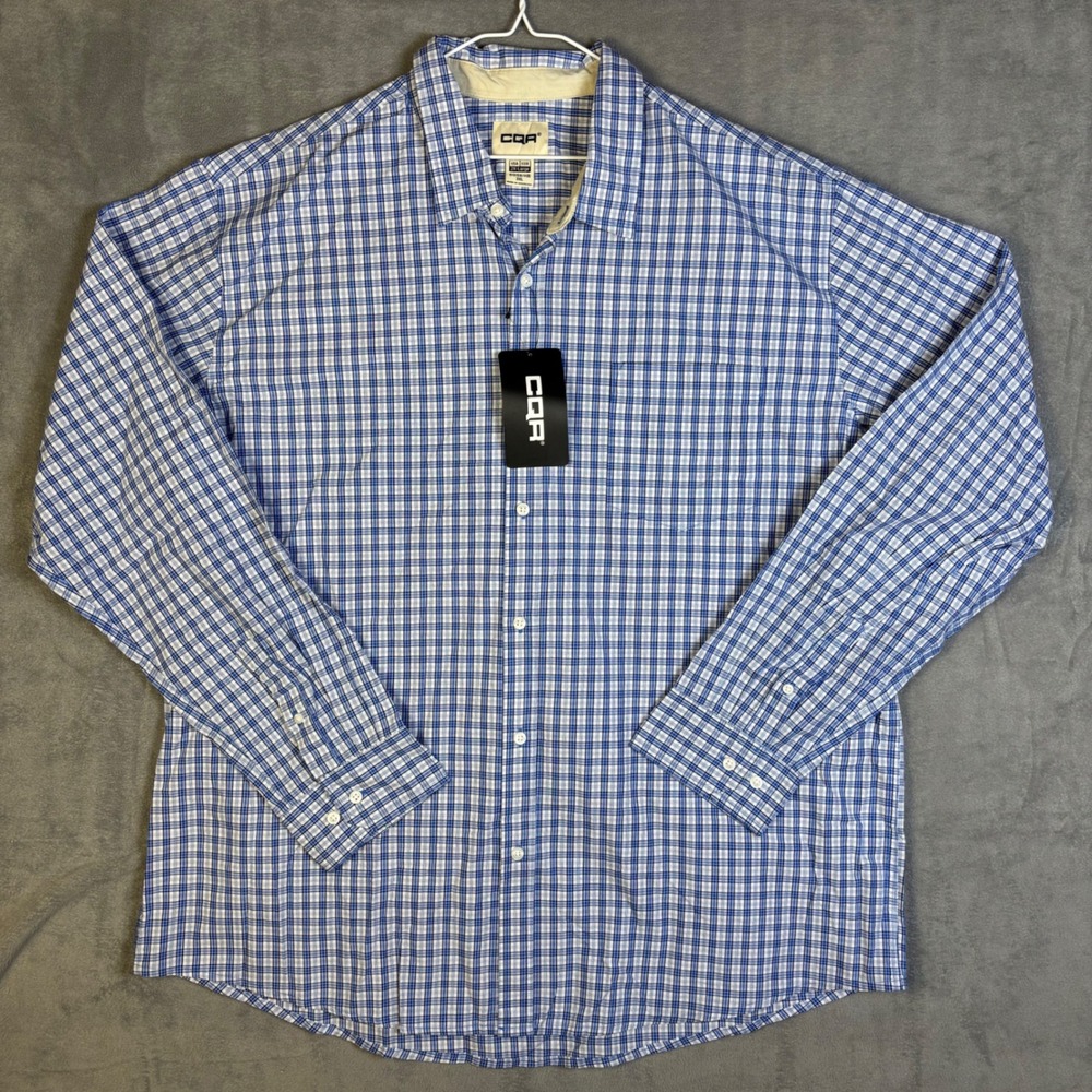 CQR Tactical Series Mens 2XL Blue White Plaid Cotton Button Down Shirt NWT